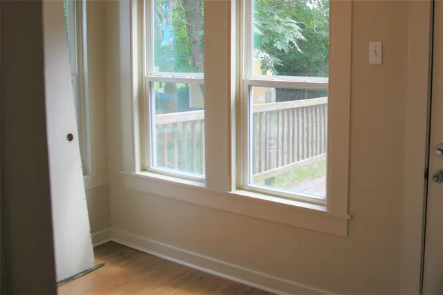 a view of a small space with a window