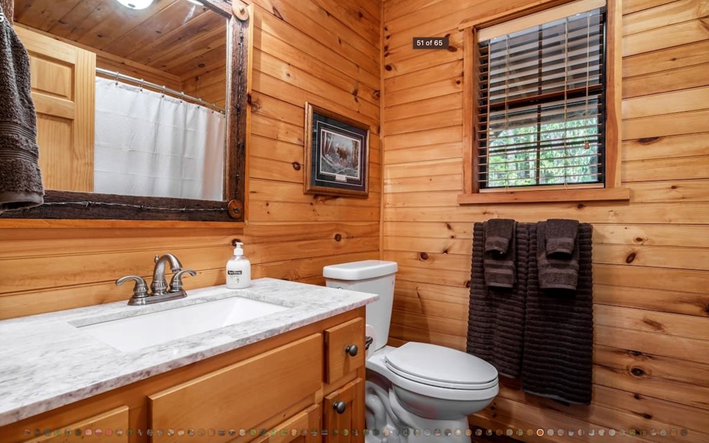 335 Mountain Laurel Lane Blue Ridge, GA 30513 - Photo 43 of 67 a bathroom with a granite countertop toilet a sink and a window