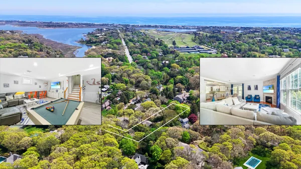 an aerial view of a house with a garden