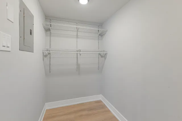 a view of a room with racks on the wall