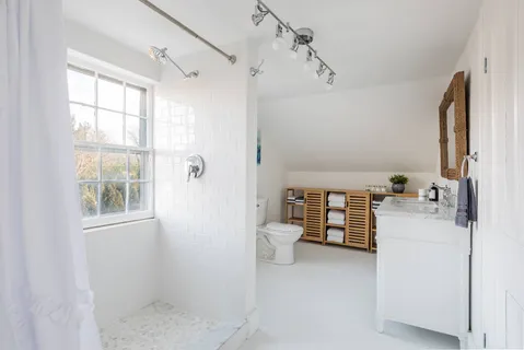 a bathroom with a sink a toilet and shower