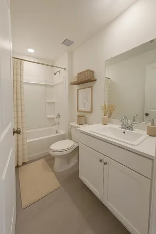 a bathroom with a double vanity sink toilet mirror and shower