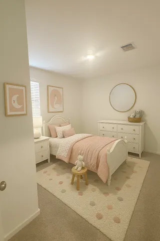 a bedroom with a bed and a lamp