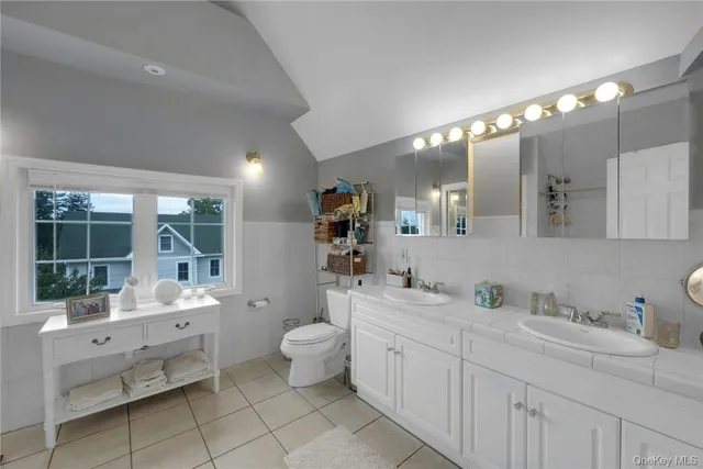 a bathroom with a double vanity sink mirror and toilet