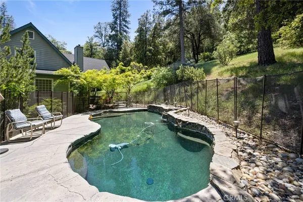 a view of a swimming pool with a patio and plants