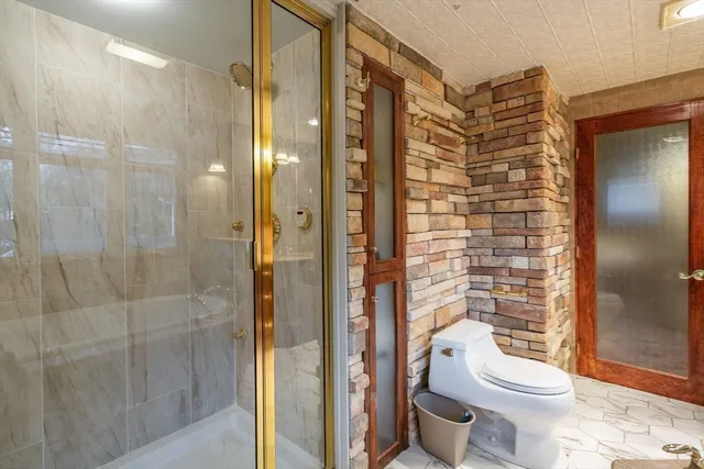 a bathroom with a shower and a toilet