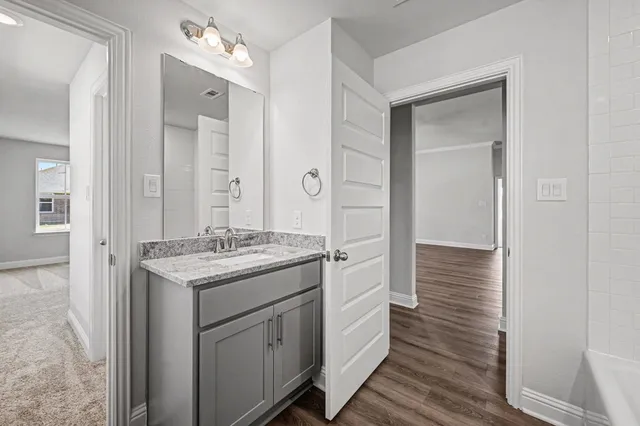 a bathroom with a granite countertop sink a mirror and a shower