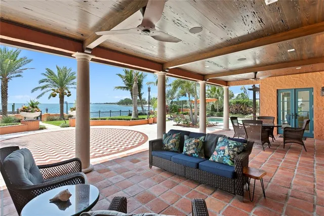 a view of a terrace with a lake view