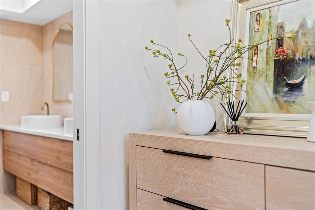 45 Rowena Road Newton, MA 02459 - Photo 32 of 42 a view of bathroom with a sink a mirror and a potted plant