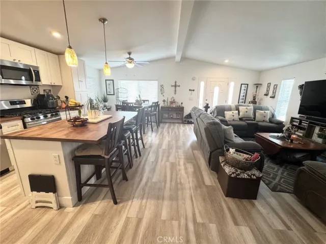 a view of a dining room with furniture
