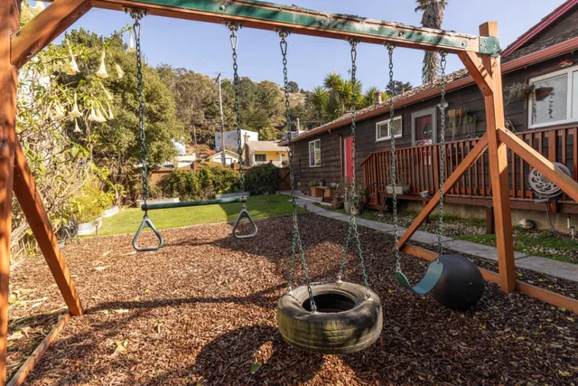 a view of a backyard with plants and a patio