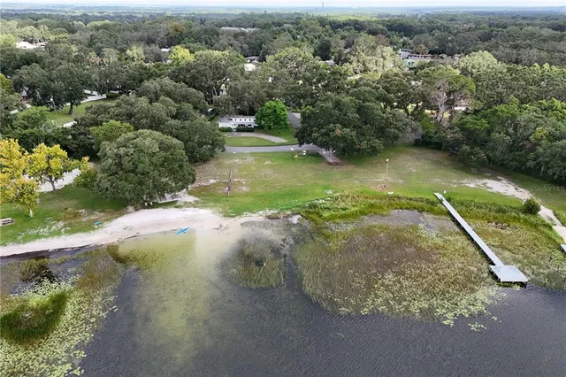 an aerial view of residential houses with outdoor space and trees