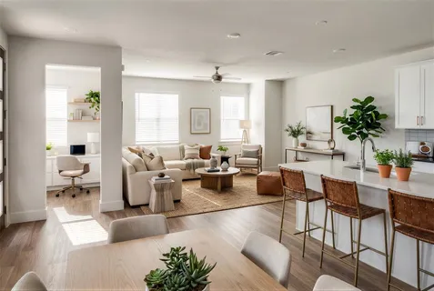 a living room with furniture potted plant and a window