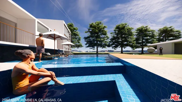 a view of a swimming pool with sitting area