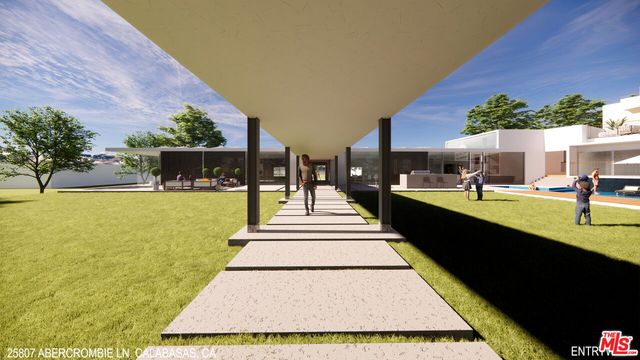 a swimming pool with outdoor seating and yard