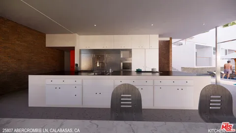 a large white kitchen with a large window