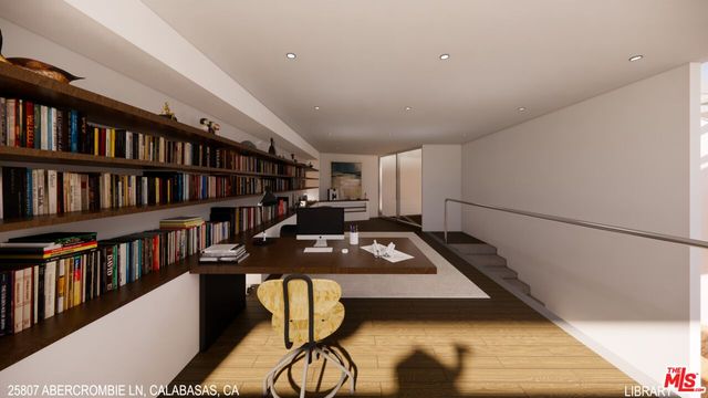 a room with furniture and book shelf