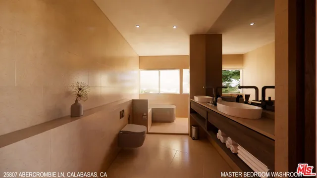 a spacious bathroom with a double vanity sink a large mirror and a bathtub