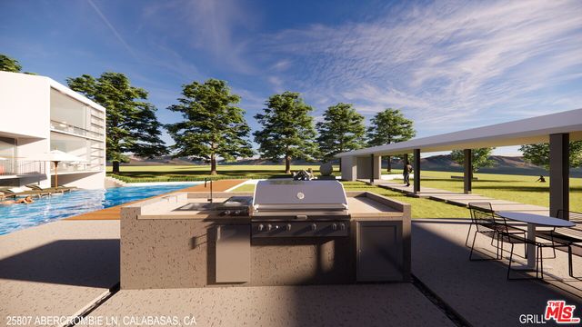 a view of a swimming pool with an outdoor seating