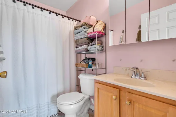 a bathroom with a sink a toilet and shower curtain