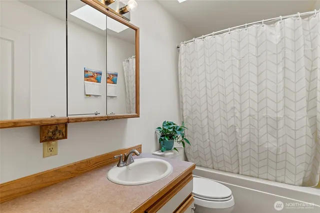 a bathroom with a sink toilet and mirror