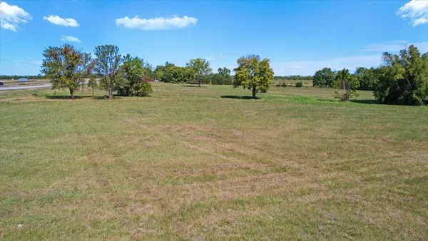 a view of a field with trees in the background