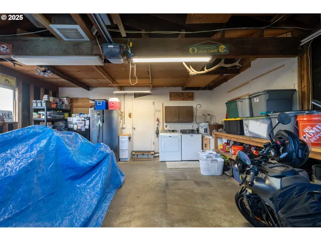 a view of a garage with storage