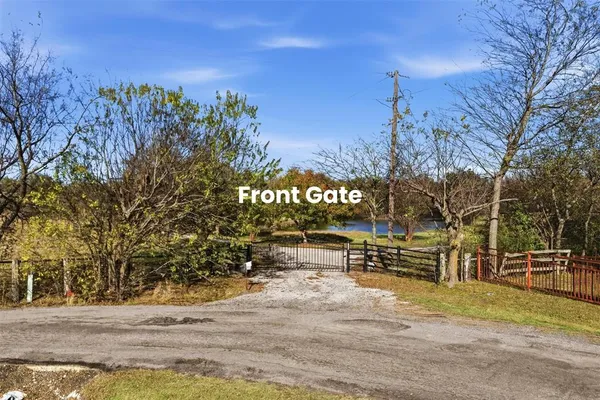 a view of a park with large trees