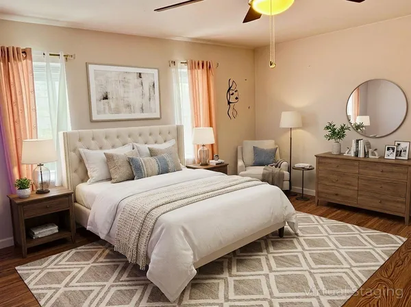 a bedroom with a bed a mirror and a window
