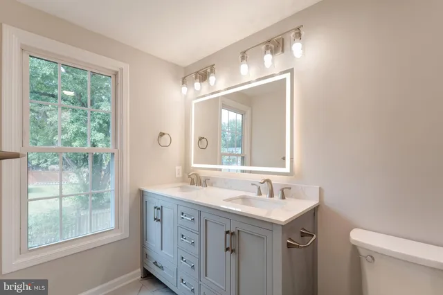a bathroom with a sink mirror vanity and a toilet