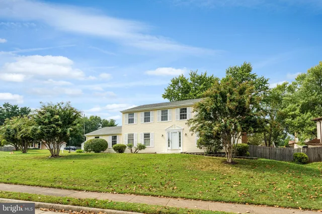 a view of a yard in front of a house with plants and large trees