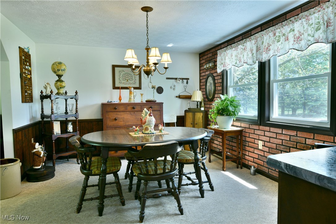 379 Housel Craft Road Bristolville, OH 44402 - Photo 15 of 50 Dining space with a textured ceiling, light colored carpet, a wainscoted wall, a notable chandelier, and wooden walls