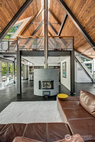 a front view of a house with a chair and table