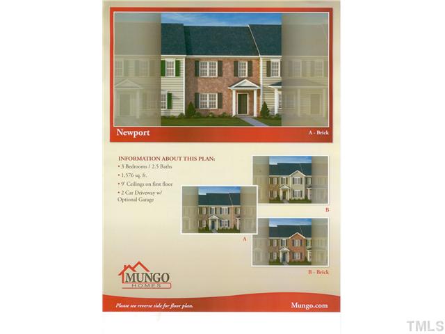 Newport-3 BR/2.5 BA/1 Car Garage/1576 sq. ft.  Home will be move in ready 11/2012.  Picture is of photo rendering and may not relflect actual exterior finishes.  Email vwarren@mungo.com for more information.