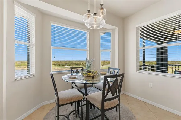 a view of a dining room with furniture window and outside view