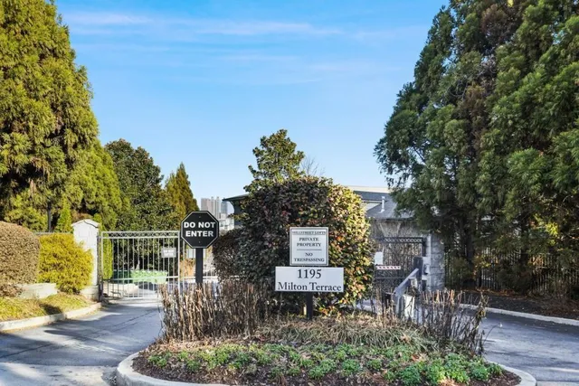 a garden view with a seating space