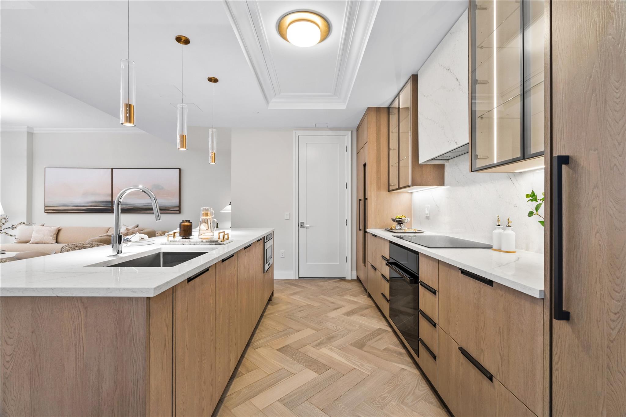 78-29 Austin Street, Unit TH7 Queens, NY 11375 - Photo 2 of 25 Kitchen featuring a sink, black appliances, modern cabinets, light stone countertops, and crown molding