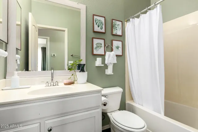 a bathroom with a sink a toilet and shower curtain