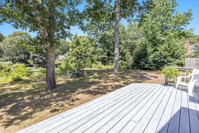 a view of backyard with wooden floor and trees