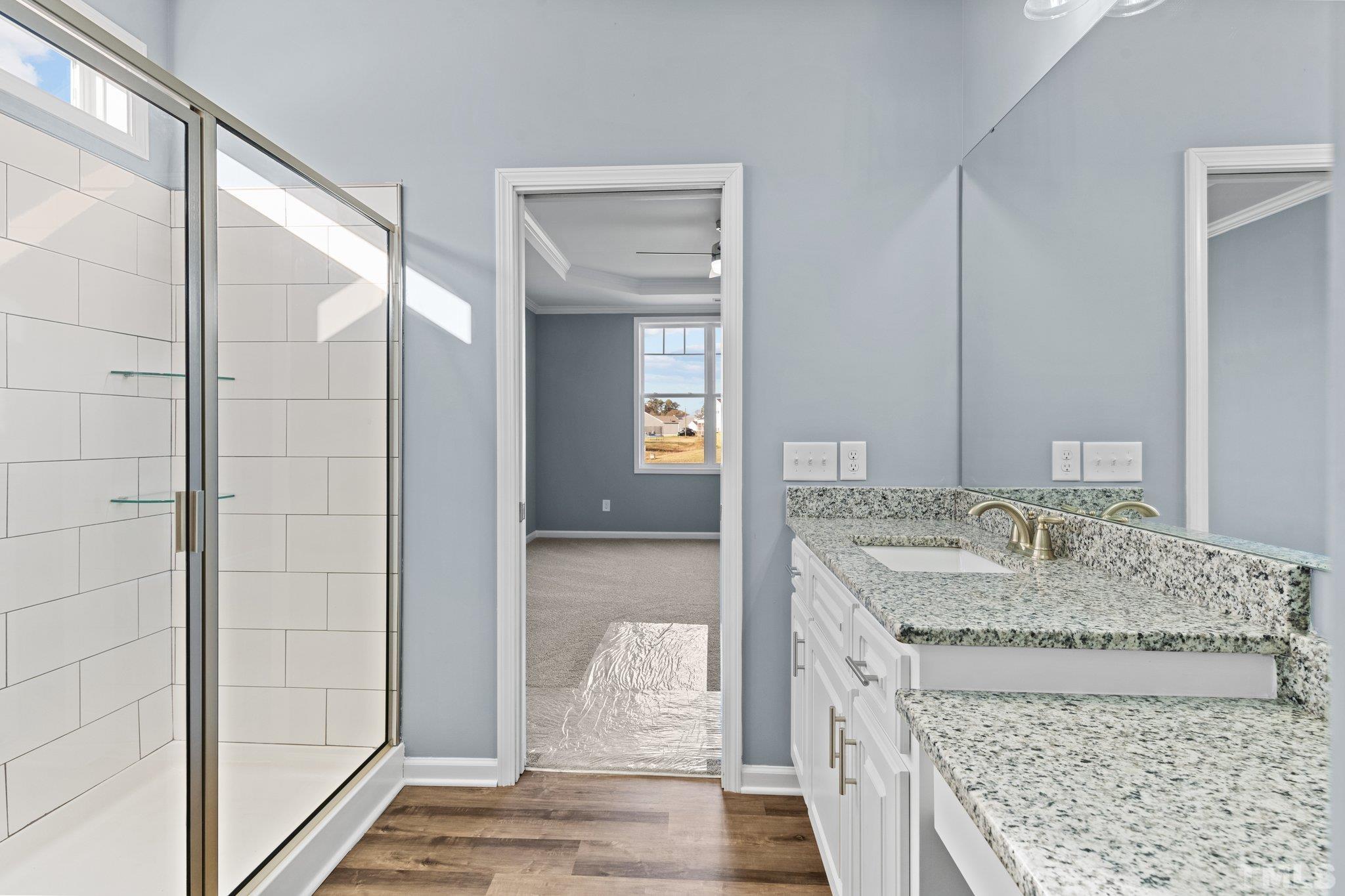 9655 Chapman Road Bailey, NC 27807 - Photo 17 of 33 a bathroom with a granite countertop sink a mirror and shower