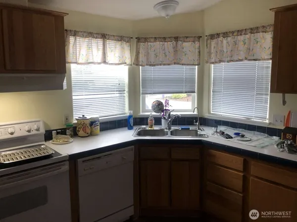 a kitchen with a sink a window and cabinets