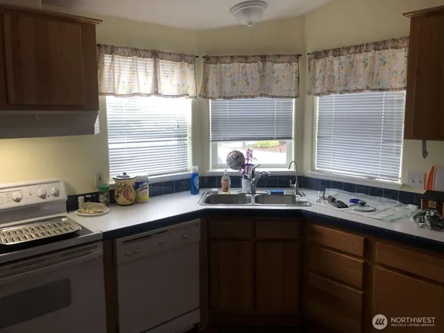 a kitchen with a sink a window and cabinets