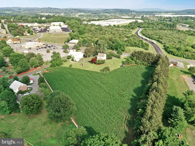 an aerial view of residential houses with outdoor space and trees