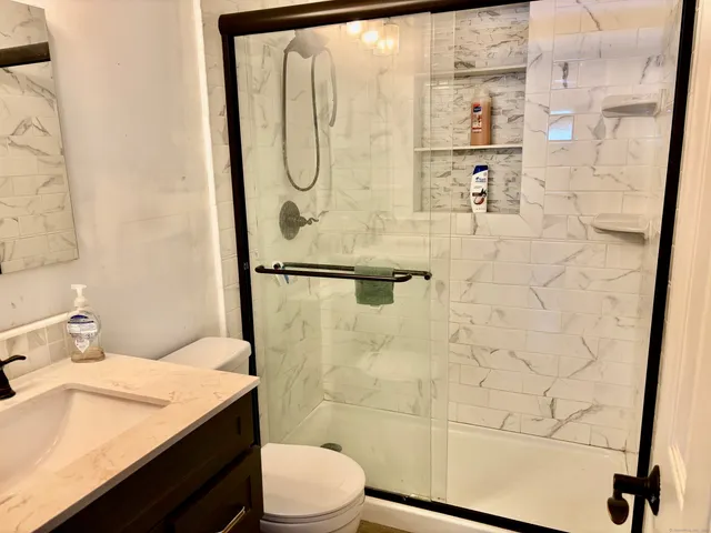 a bathroom with a granite countertop sink a toilet and shower