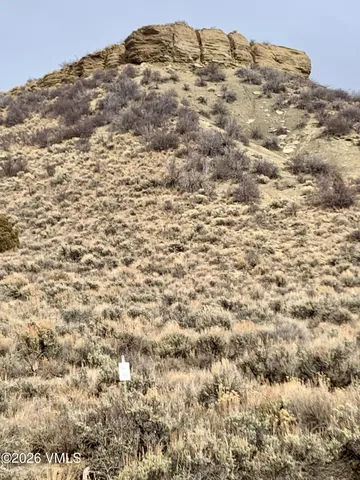 a view of a dry yard with mountains in the background