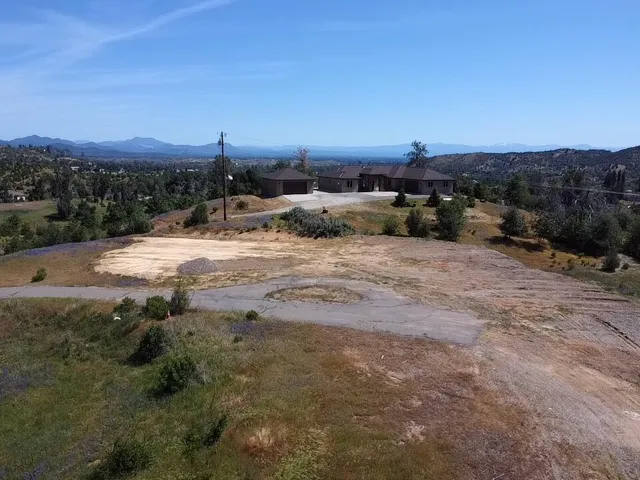 a view of a dry yard with trees