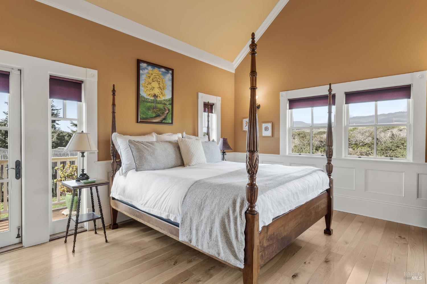 43700 Mountain View Road Manchester, CA 95459 - Photo 23 of 74 Master Suite designed to allow space and comfort. Extra high ceilings give a feeling of openness here. Windowed french doors lead out to main deck, which carries around the house to a side and front covered porch which gives that beautiful farm house look and feel.