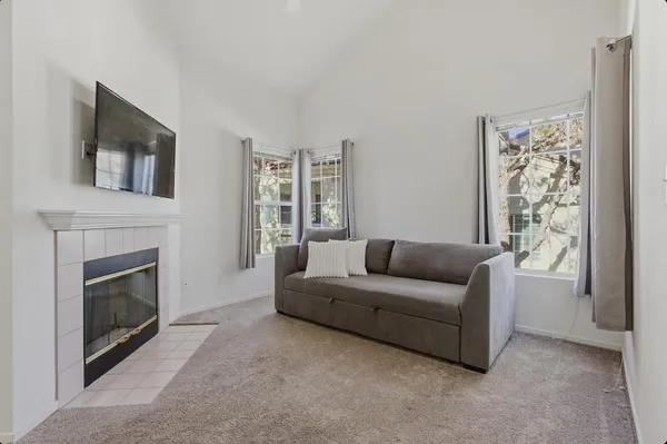 a living room with furniture and a fireplace