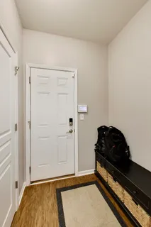 a room with a black and white wall