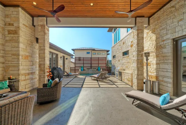 a building outdoor space with patio furniture